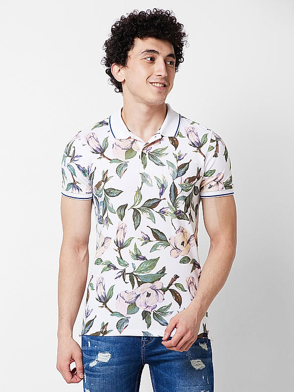 Killer Men White Floral Print Slim Fit Half Sleeve T-Shirts