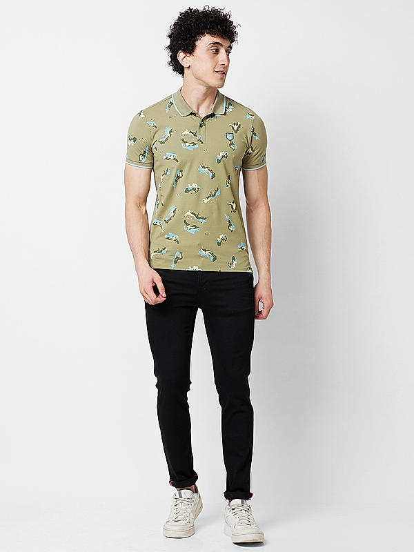 Killer Men Green Printed Slim Fit Half Sleeve T-Shirts