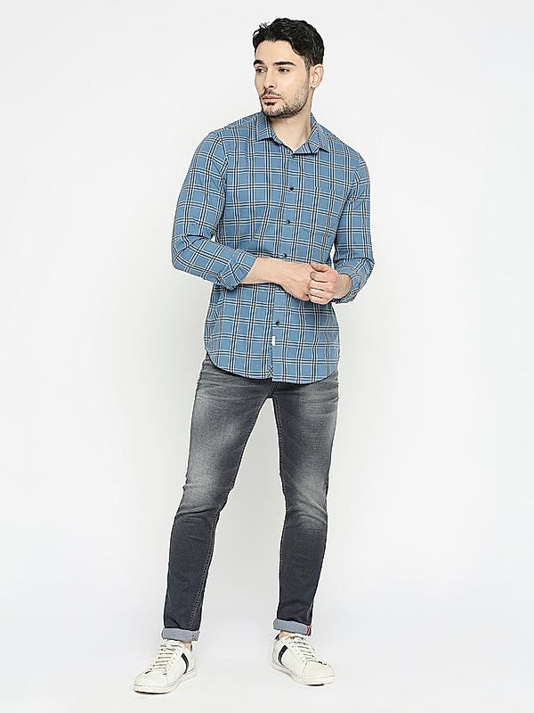 Men Slim Fit Blue Checks SHIRTS