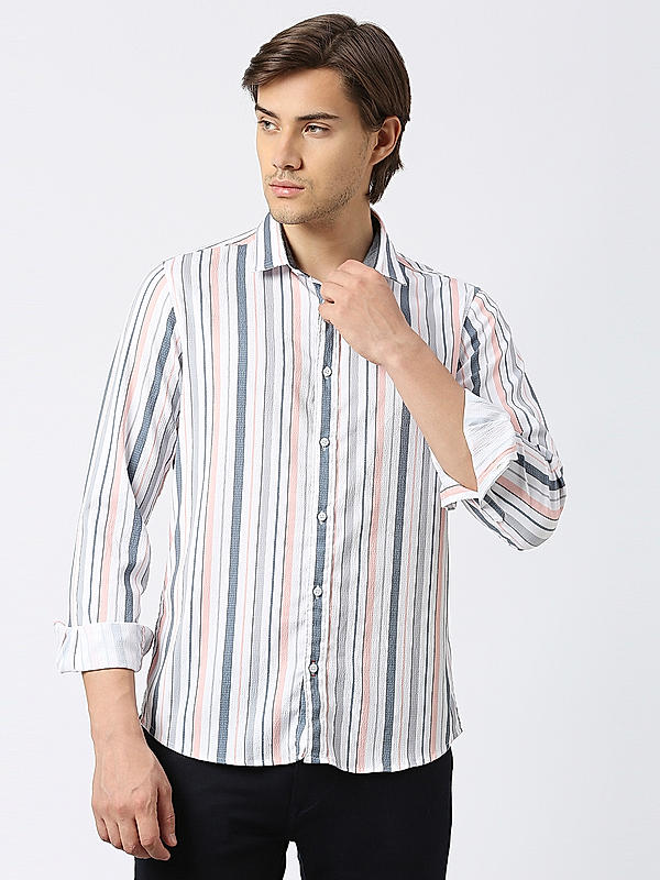 Men Slim Fit Peach Striped SHIRTS