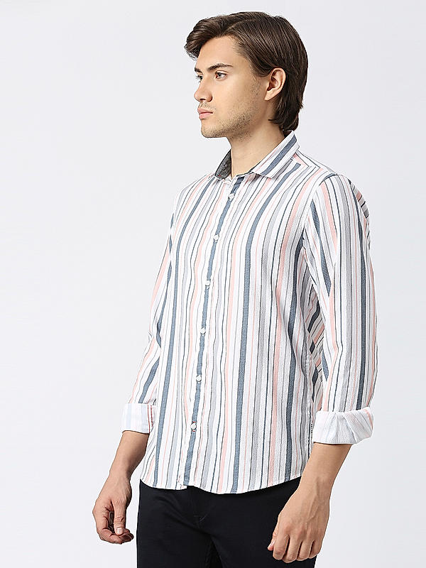 Men Slim Fit Peach Striped SHIRTS