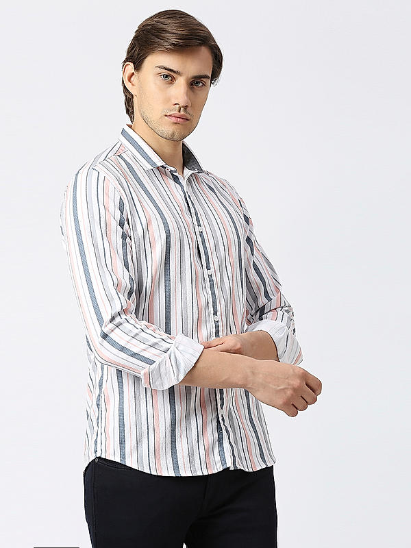 Men Slim Fit Peach Striped SHIRTS