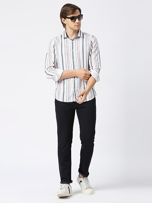 Men Slim Fit Peach Striped SHIRTS