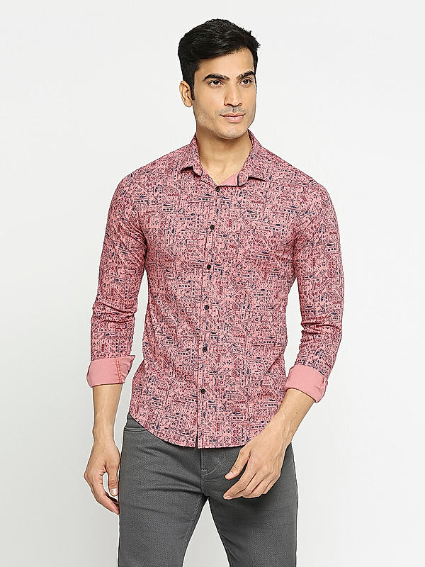 Men Slim Fit Light Pink Printed SHIRTS