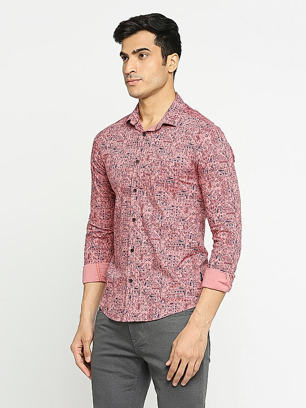 Men Slim Fit Light Pink Printed SHIRTS