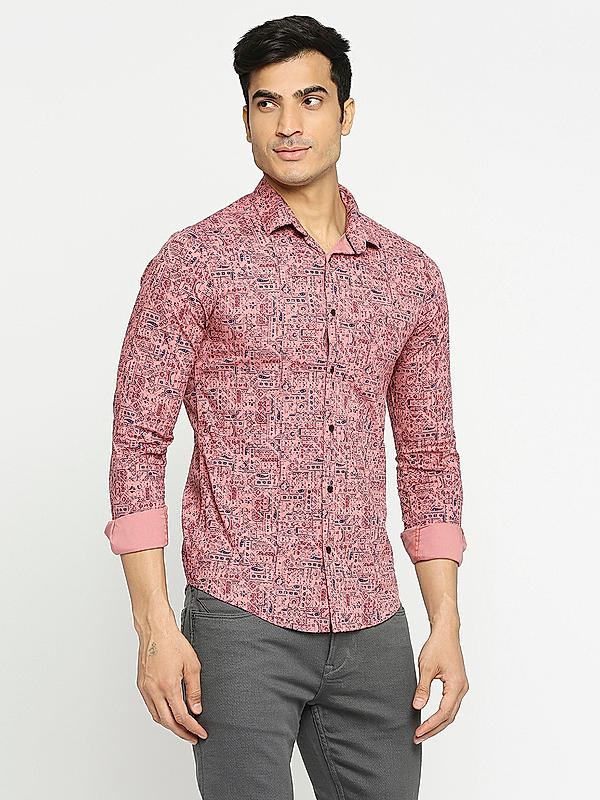 Men Slim Fit Light Pink Printed SHIRTS