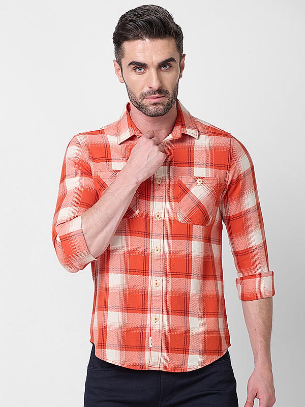 Men Slim Fit Orange Checks SHIRTS