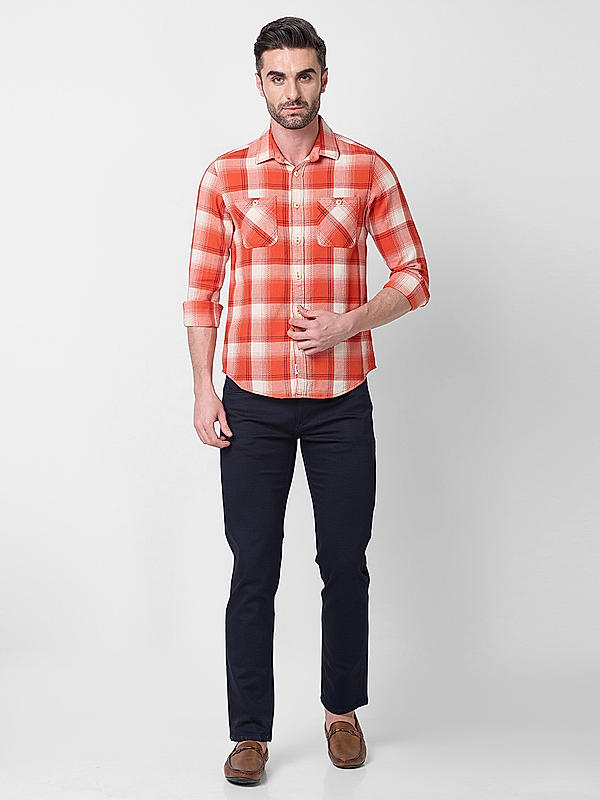 Men Slim Fit Orange Checks SHIRTS