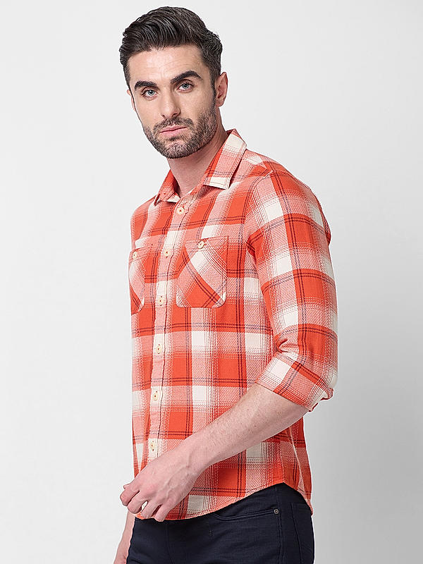 Men Slim Fit Orange Checks SHIRTS