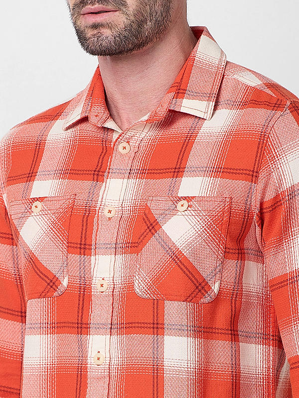 Men Slim Fit Orange Checks SHIRTS