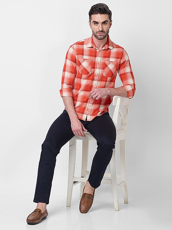 Men Slim Fit Orange Checks SHIRTS