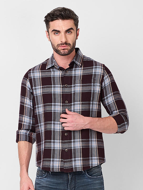 Men Slim Fit Wine Checks SHIRTS