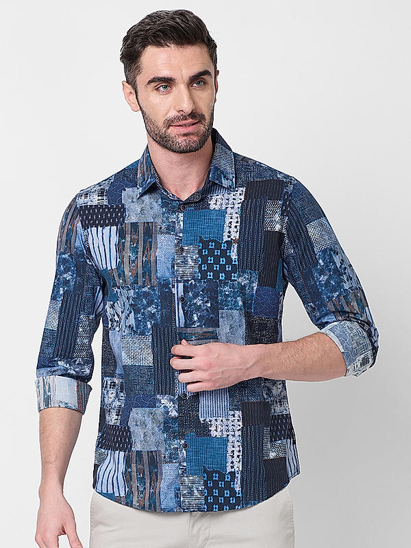 Men Slim Fit Navy Printed SHIRTS