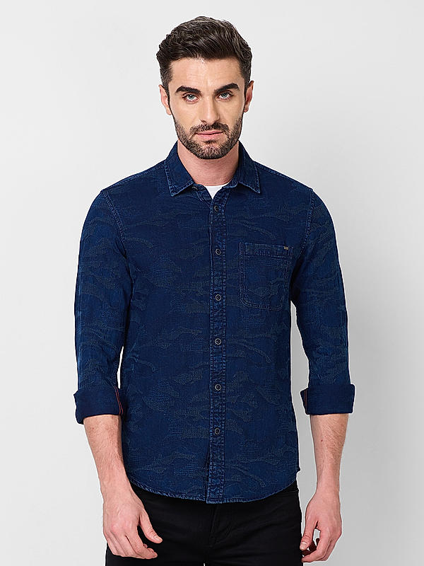 Men Slim Fit Dark Blue Solid SHIRTS