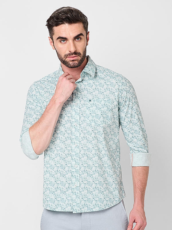 Men Slim Fit Light Green Printed SHIRTS