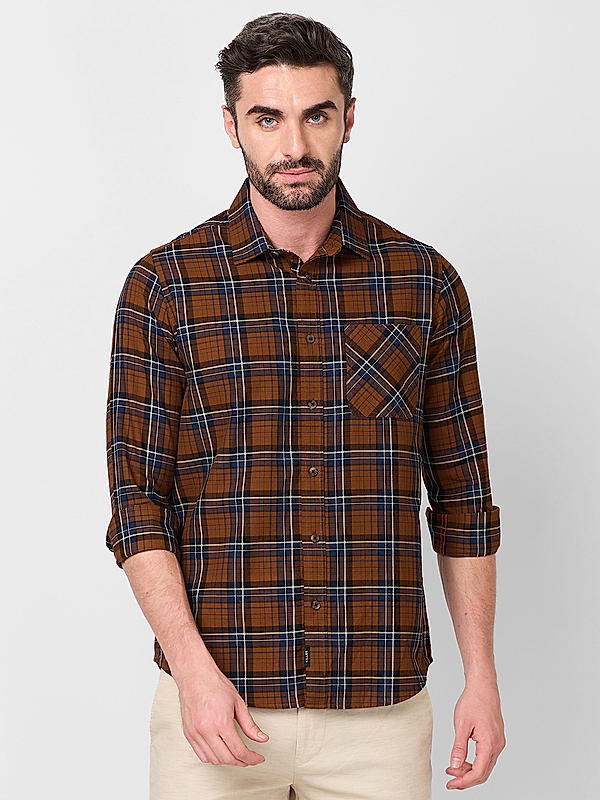 Men Slim Fit Brown Checks SHIRTS