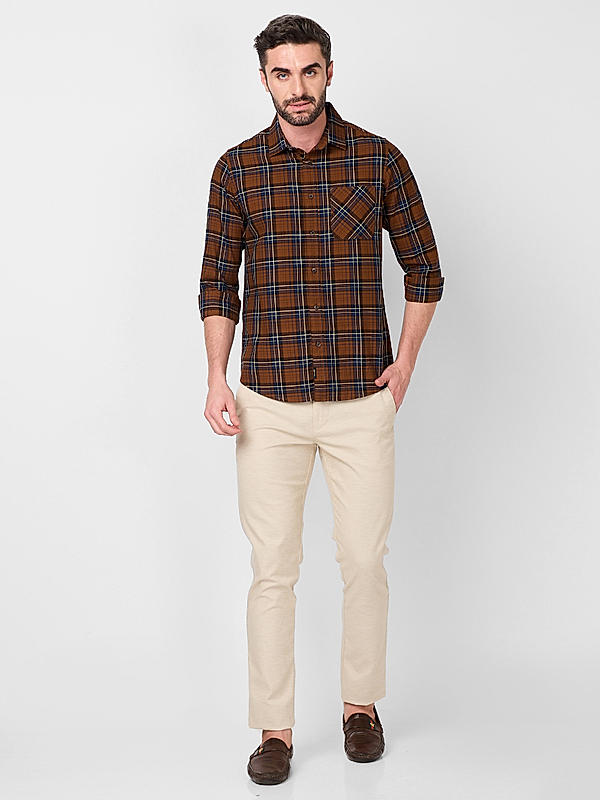 Men Slim Fit Brown Checks SHIRTS