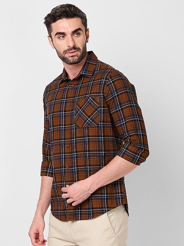 Men Slim Fit Brown Checks SHIRTS