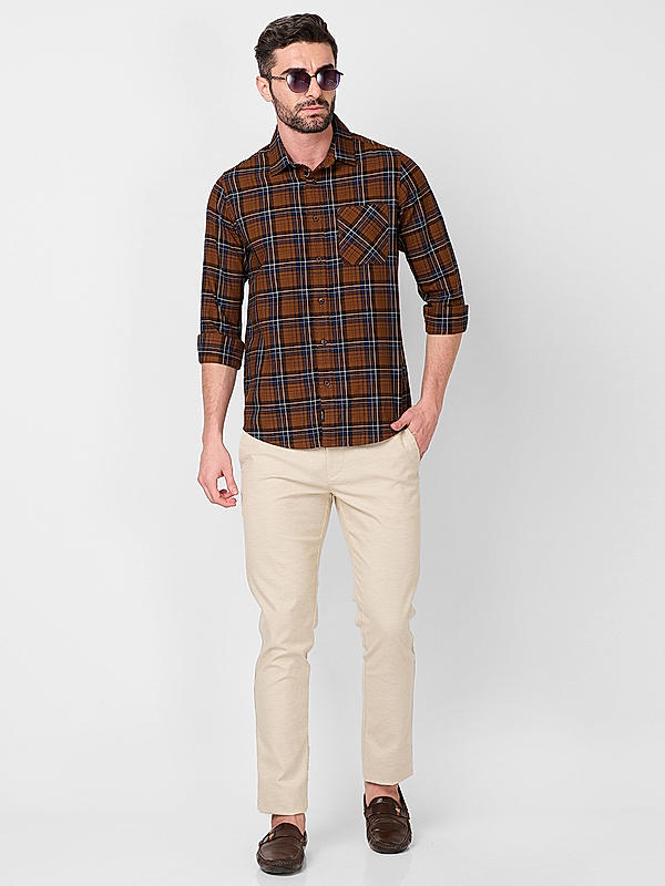 Men Slim Fit Brown Checks SHIRTS