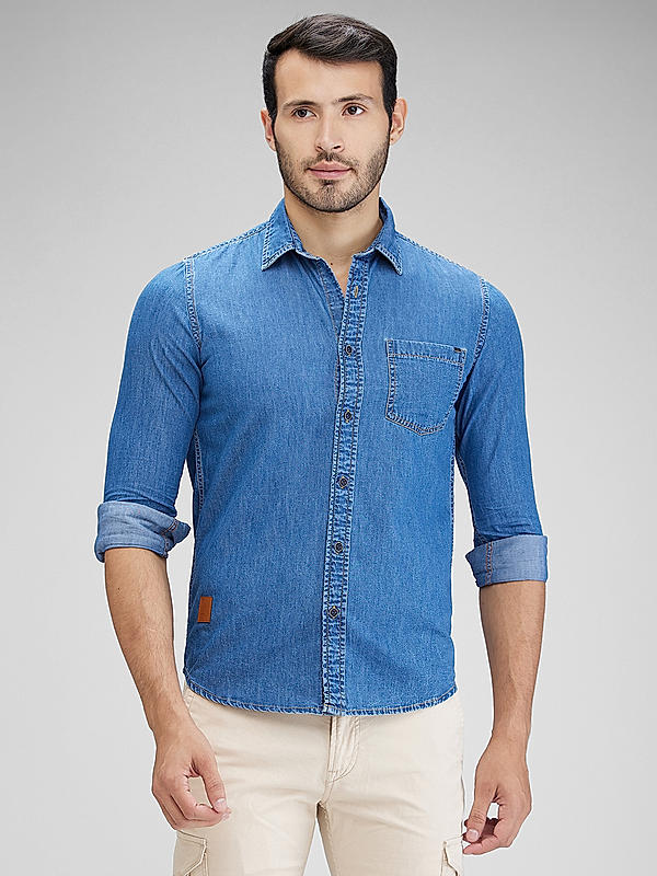 Men Slim Fit Blue Solid SHIRTS