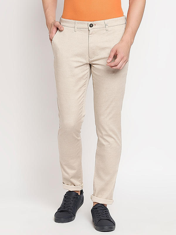 Men Slim Fit Cream Solid Trousers