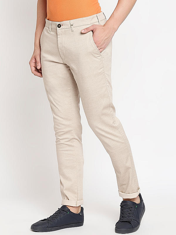 Men Slim Fit Cream Solid Trousers