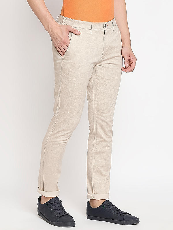 Men Slim Fit Cream Solid Trousers