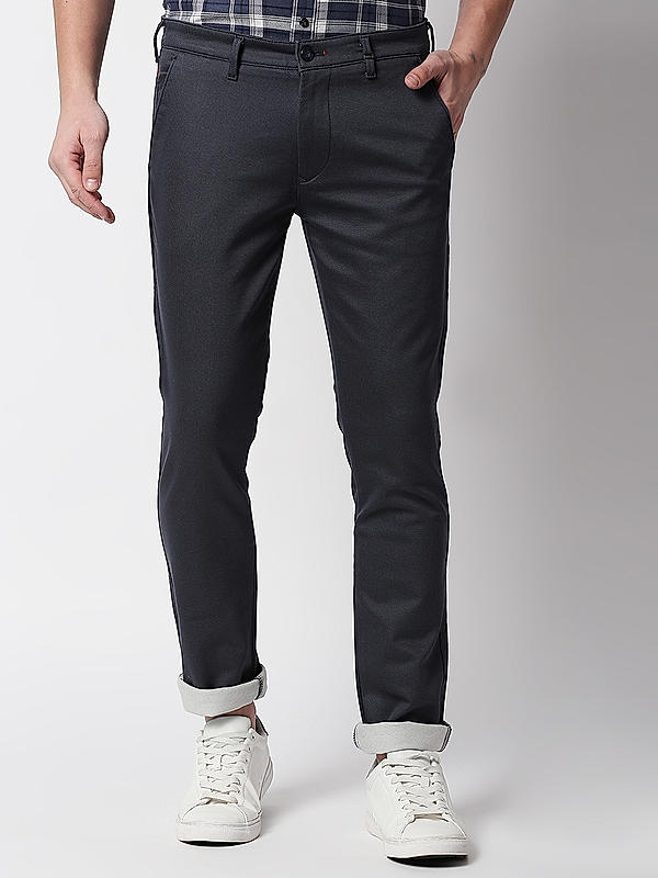 Men Slim Fit Navy Solid Trousers