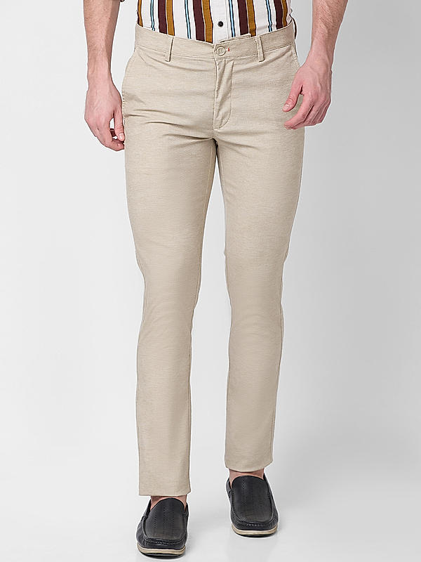 Men Slim Fit Khaki Solid Trousers