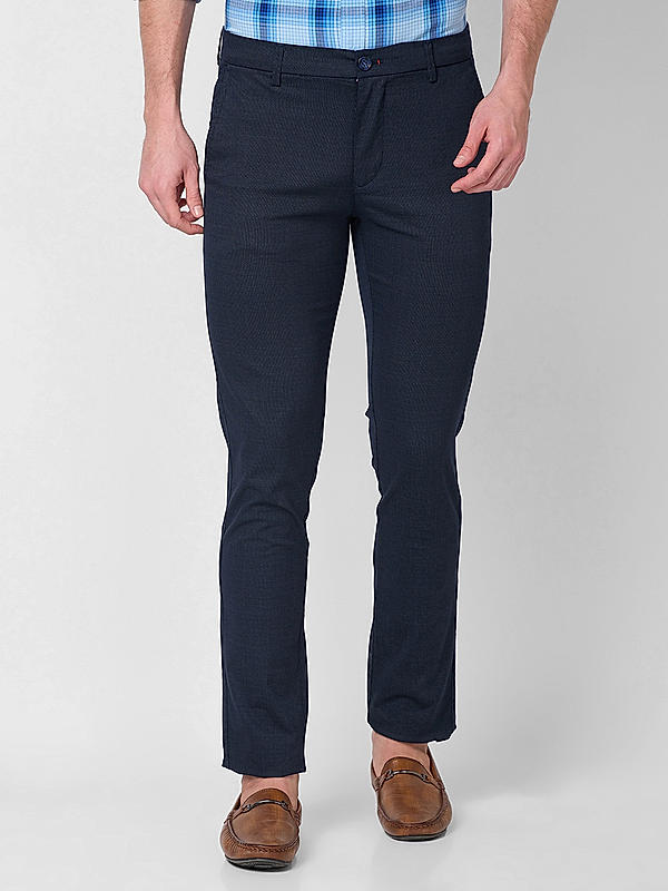 Men Slim Fit Navy Solid Trousers