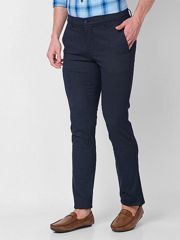 Men Slim Fit Navy Solid Trousers