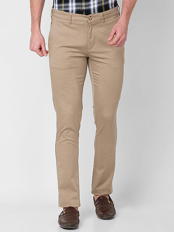 Men Slim Fit Khaki Solid Trousers