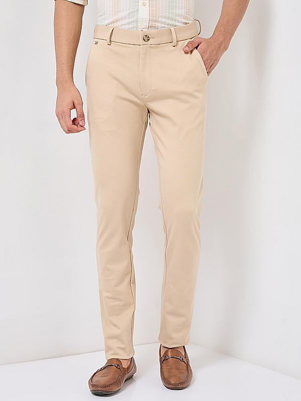 Men Slim Fit Cream Solid Trousers