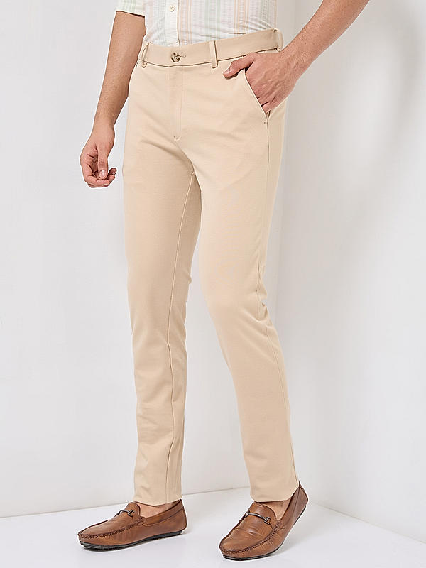 Men Slim Fit Cream Solid Trousers