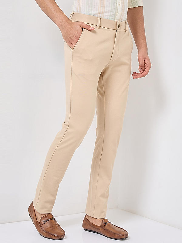 Men Slim Fit Cream Solid Trousers