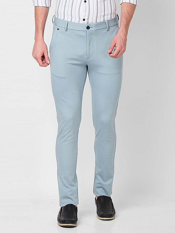 Men Slim Fit Lt.Blue Solid Trousers