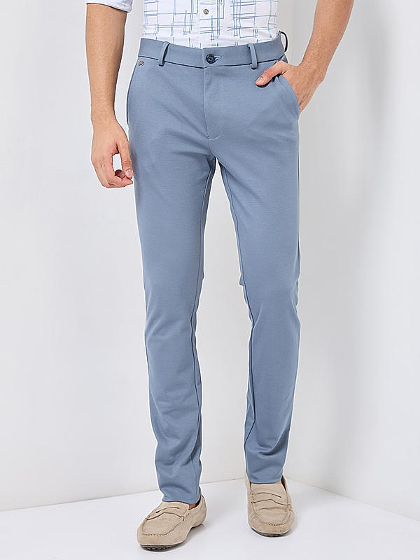 Men Slim Fit Sky Blue Solid Trousers