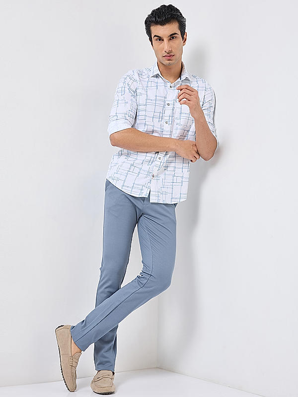 Men Slim Fit Sky Blue Solid Trousers