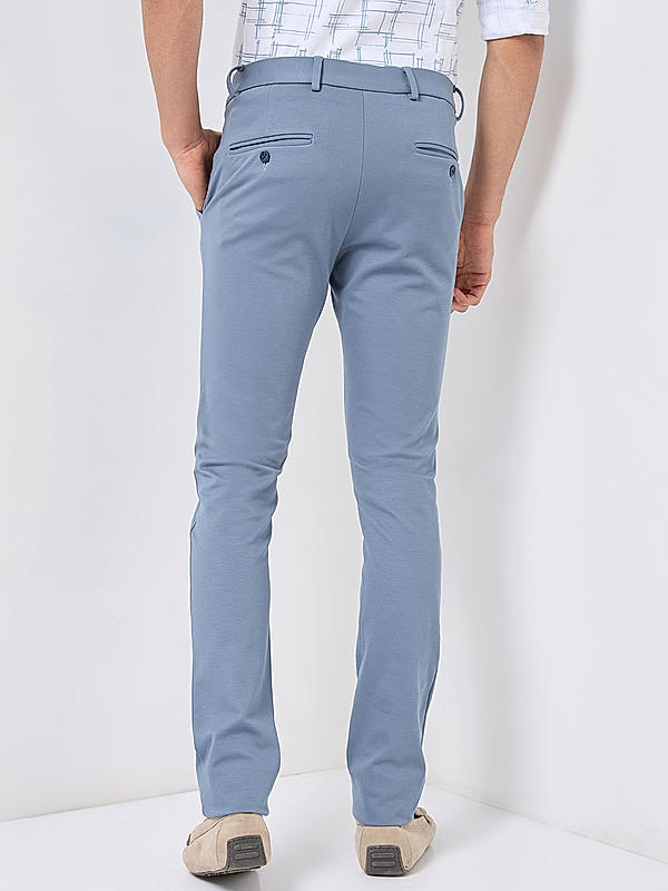 Men Slim Fit Sky Blue Solid Trousers