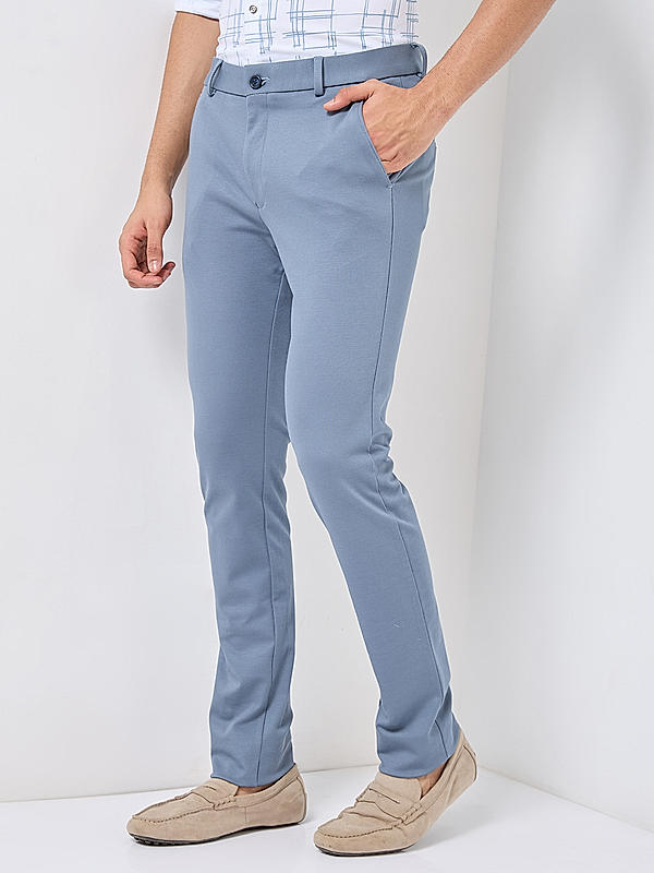 Men Slim Fit Sky Blue Solid Trousers