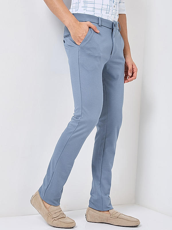 Men Slim Fit Sky Blue Solid Trousers