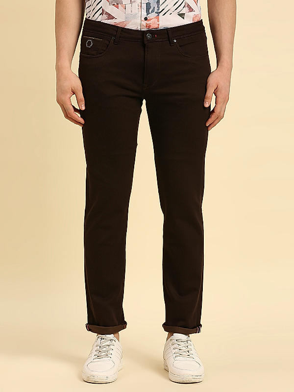 Men Slim Fit Coffee Solid Pants