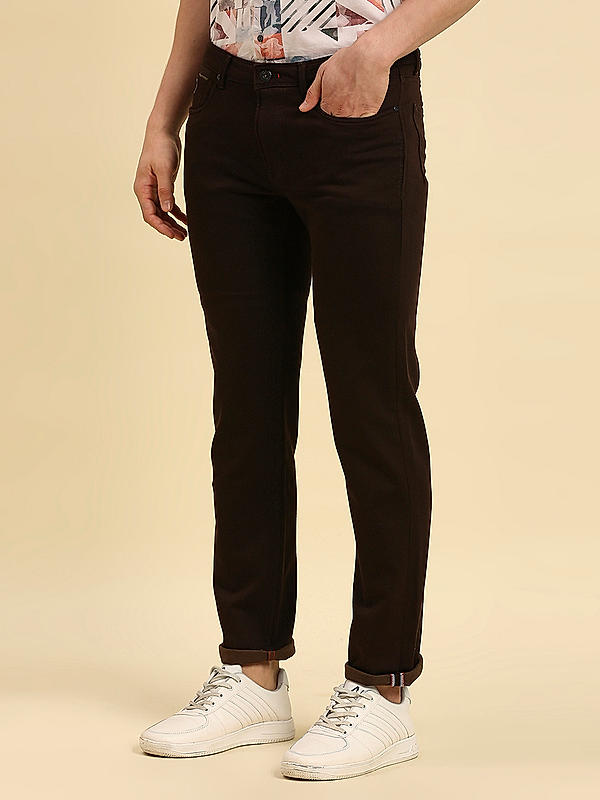 Men Slim Fit Coffee Solid Pants