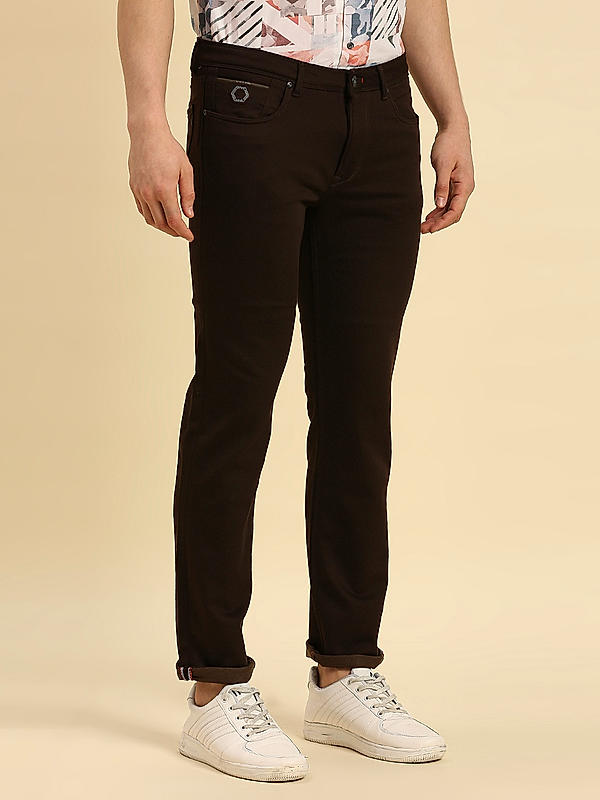 Men Slim Fit Coffee Solid Pants