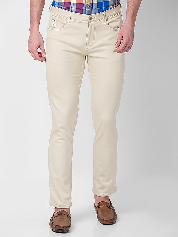 Men Slim Fit Cream Solid Pants