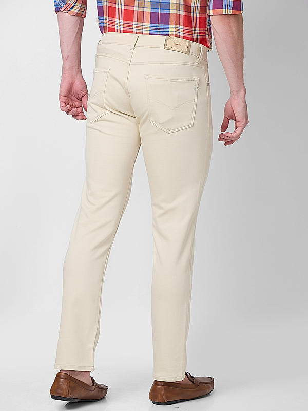 Men Slim Fit Cream Solid Pants