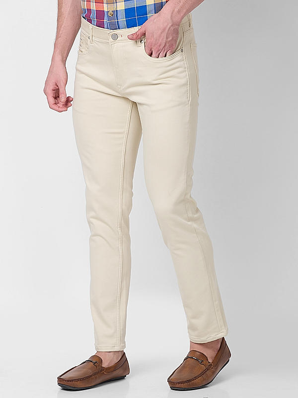 Men Slim Fit Cream Solid Pants