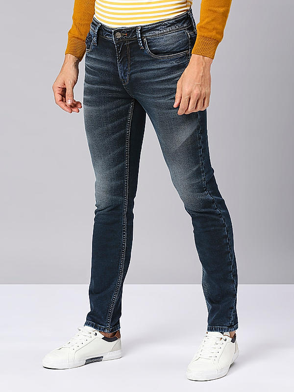 Men Slim Fit Dark Blue Solid Jeans