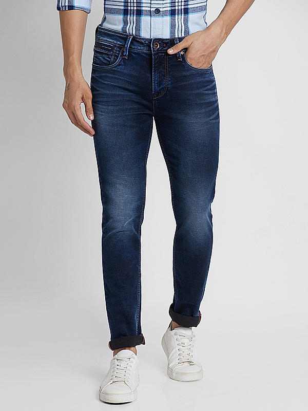 Men Slim Fit Dark Blue Solid Jeans