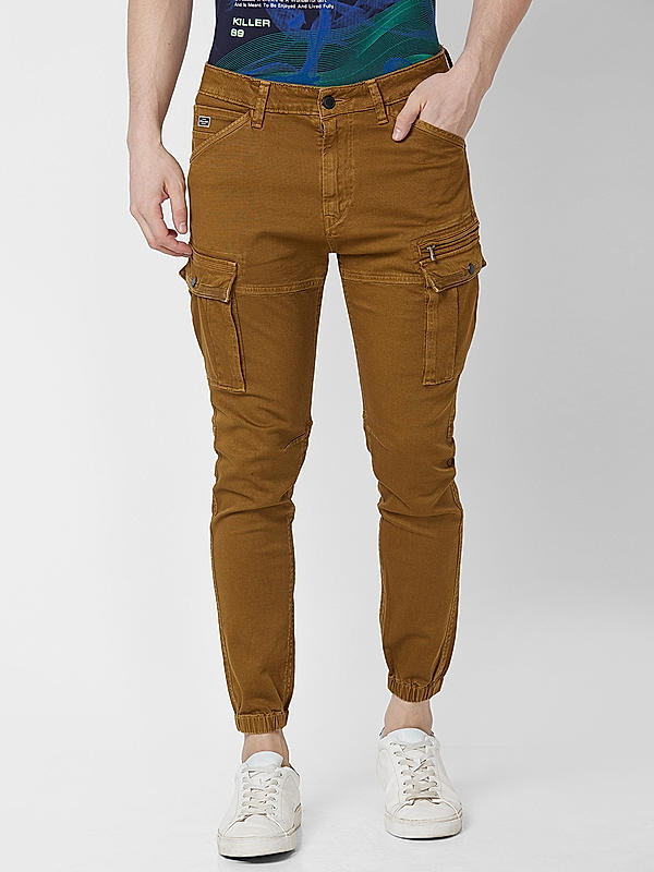 Men Slim Fit Khaki Solid Jeans